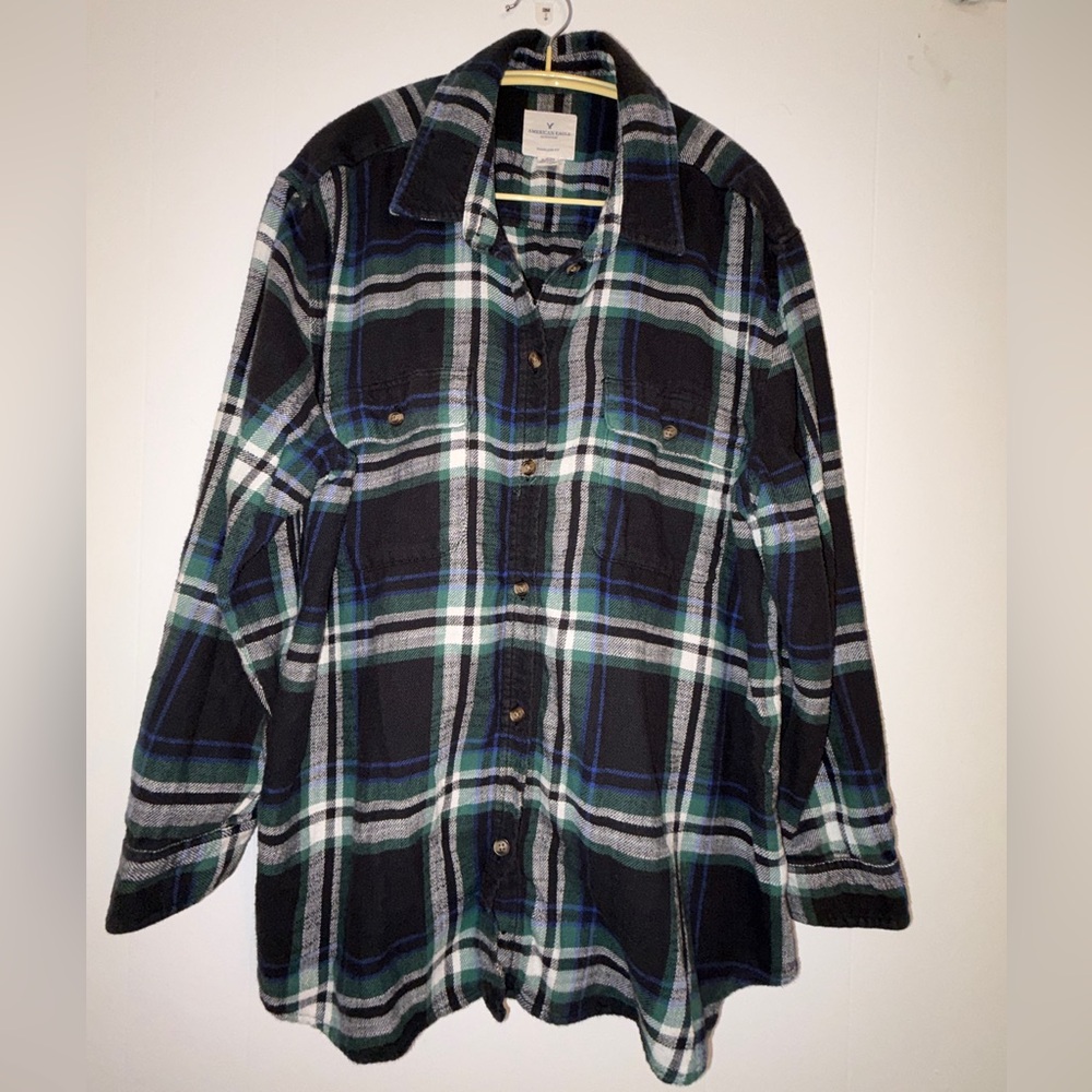 American Eagle Flannel Shirt Men XL Green Plaid‎ Oversized Fit Cotton Grunge